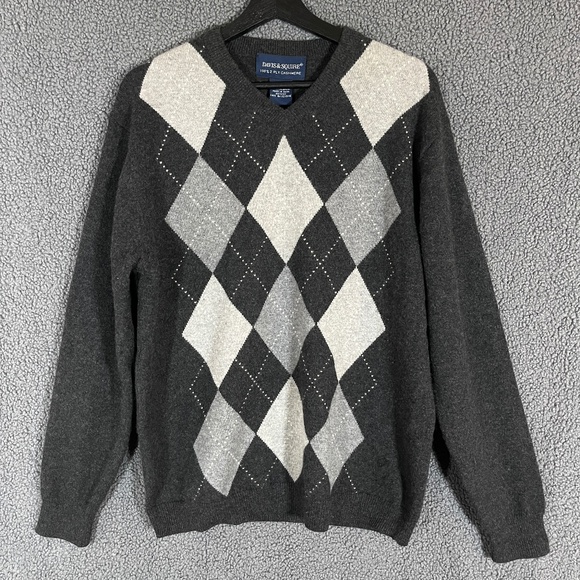 Davis Squire 100% 2 Ply Cashmere Argyle Sweaters - Men's Size M - Gray - Picture 1 of 7